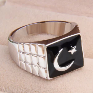 Star And Moon Ring - Mens Muslim Star And Moon Ring Islamic Crescent Moon And Star Flag Ring