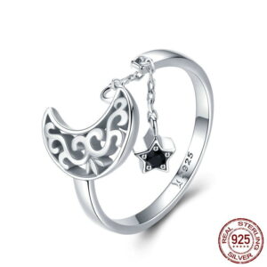 Crescent Moon And Star Ring - Womens 925 Sterling Silver Crescent Moon And Star Ring